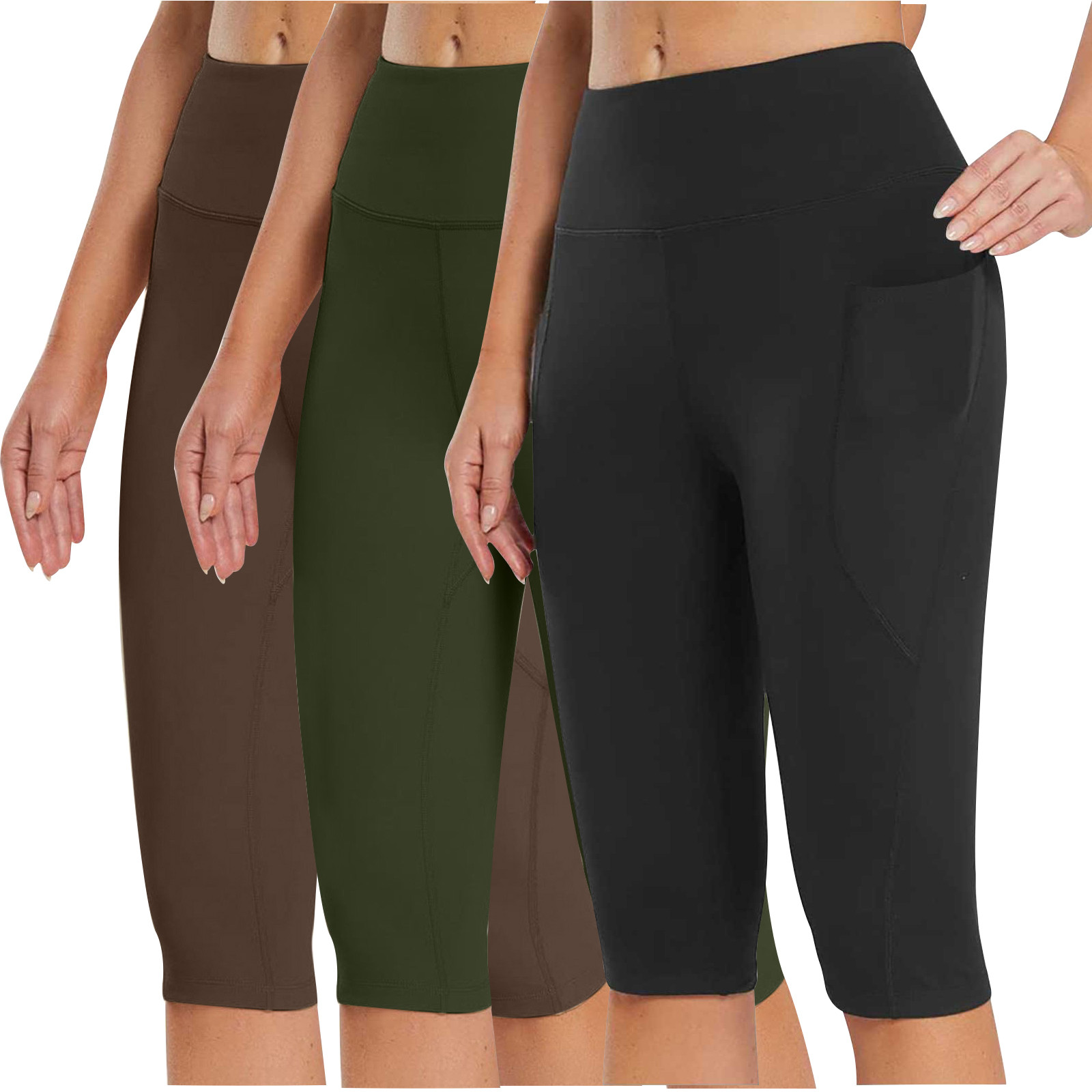 Wiyuqeen 3 Pack Capri Leggings for Women with Pockets Elastic High Waisted Exercise Capri Pants Solid Tummy Control Workout Gym Active Yoga Pants